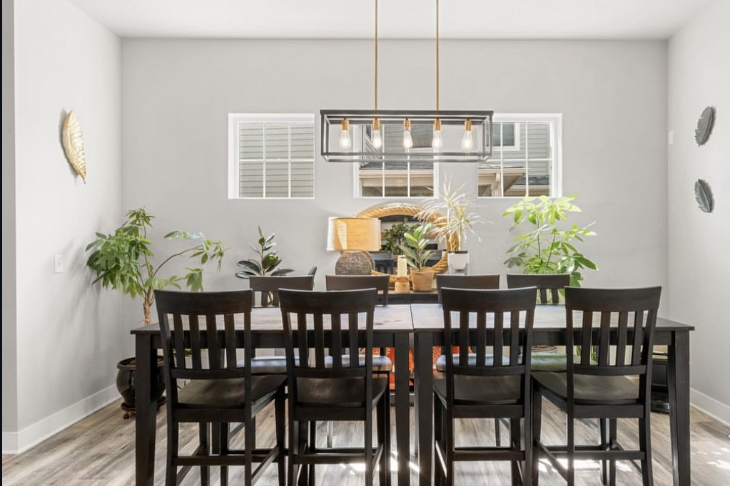 Dining room with a linear chandelier and plants