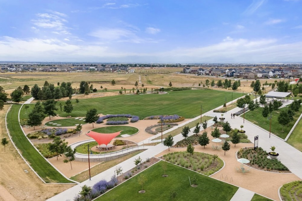 Drone photo of a neighborhood park and walking paths